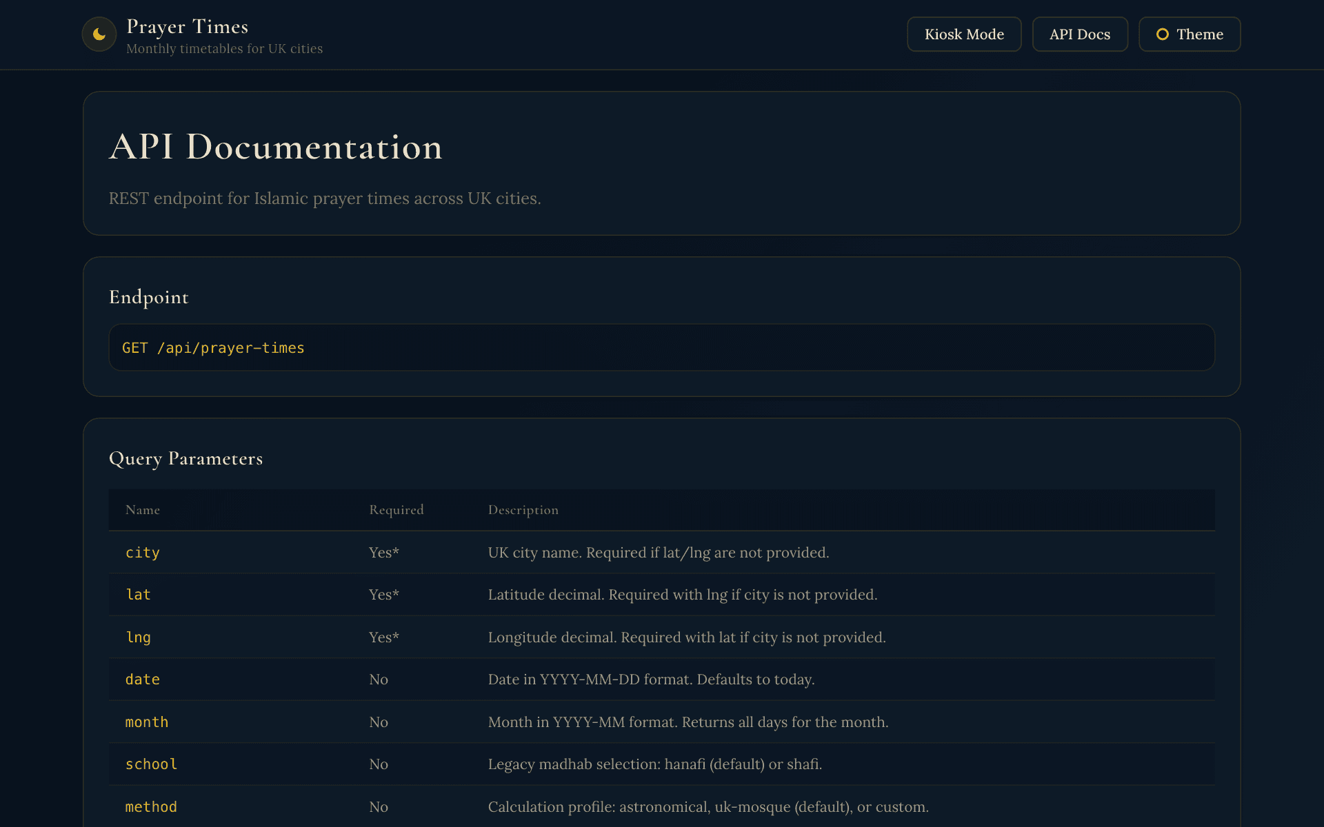 Prayer Times API documentation showing endpoint and query parameters
