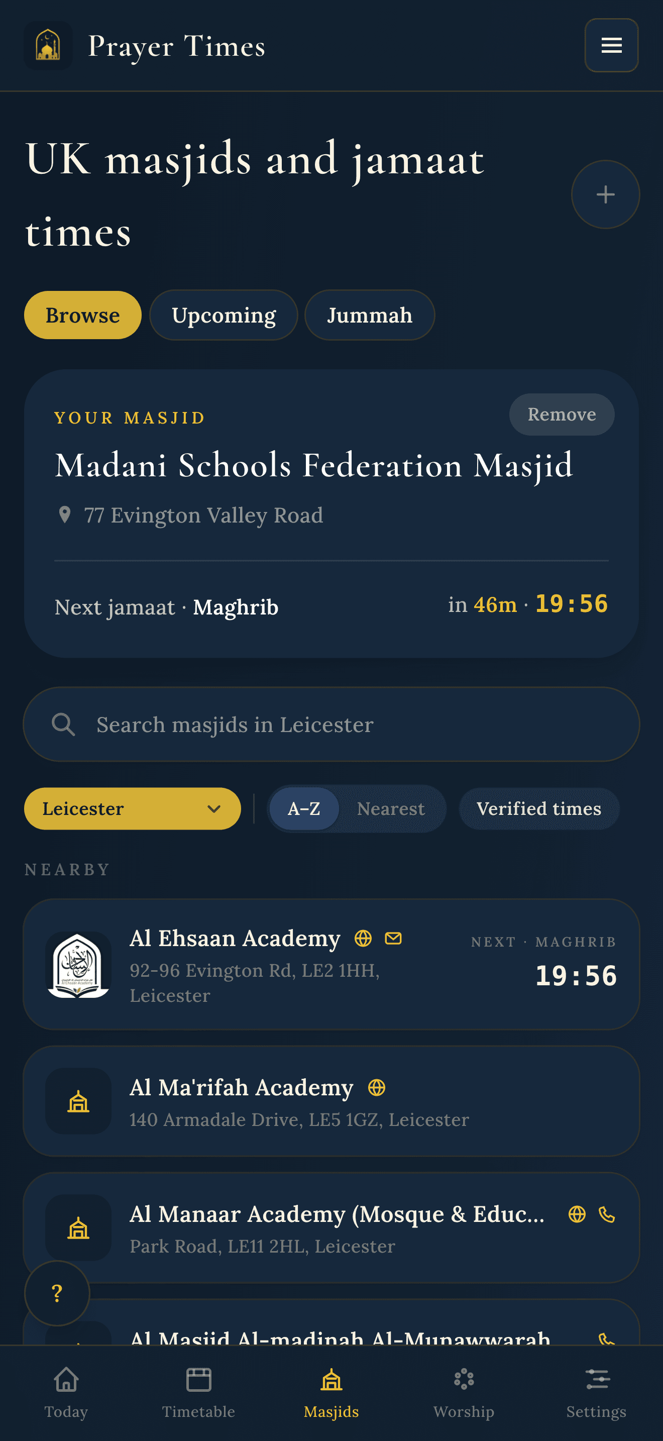 Prayer Times app Masjids tab showing UK masjids and jamaat times, with search and a masjid card