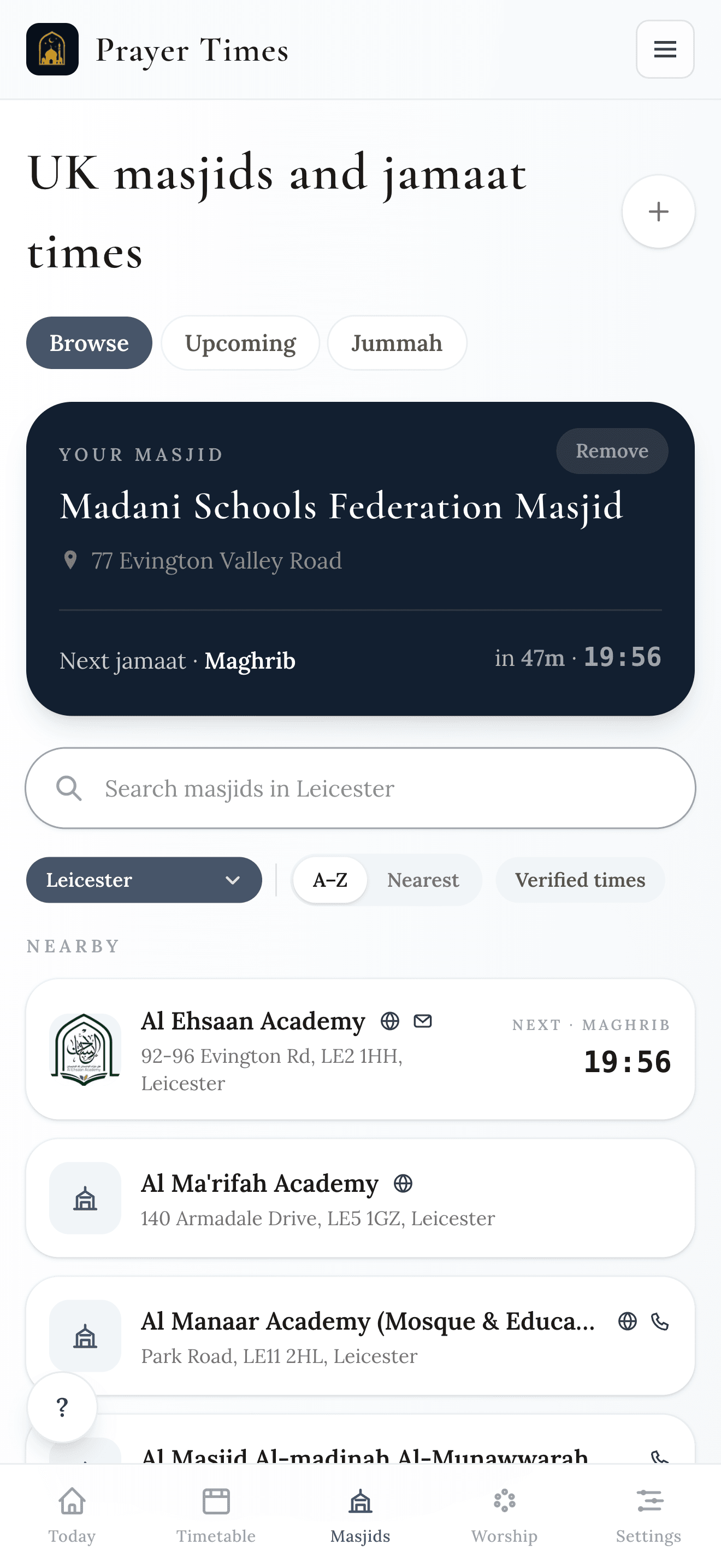 Prayer Times app Masjids tab showing UK masjids and jamaat times, with search and a masjid card
