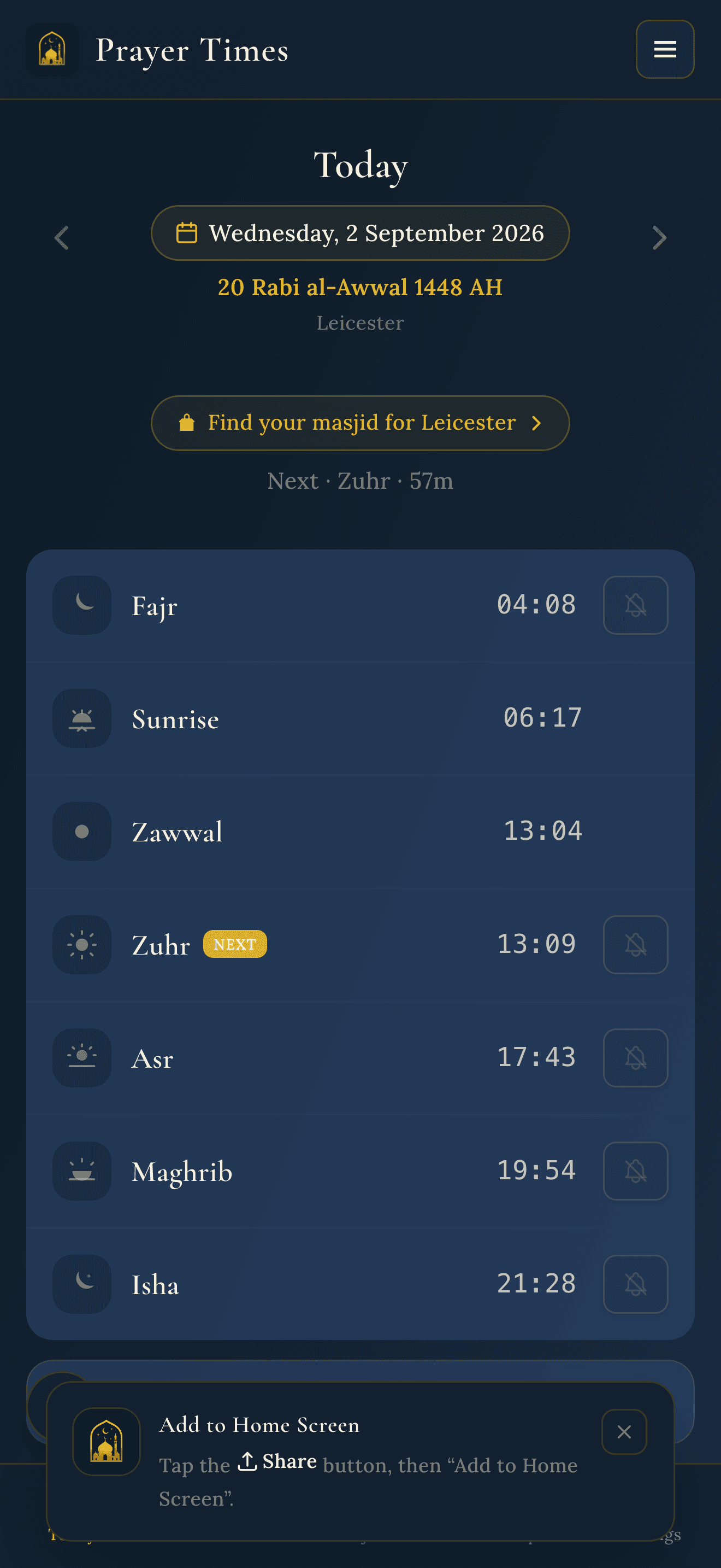 Prayer Times app with the 'Add to Home Screen' install prompt visible at the bottom