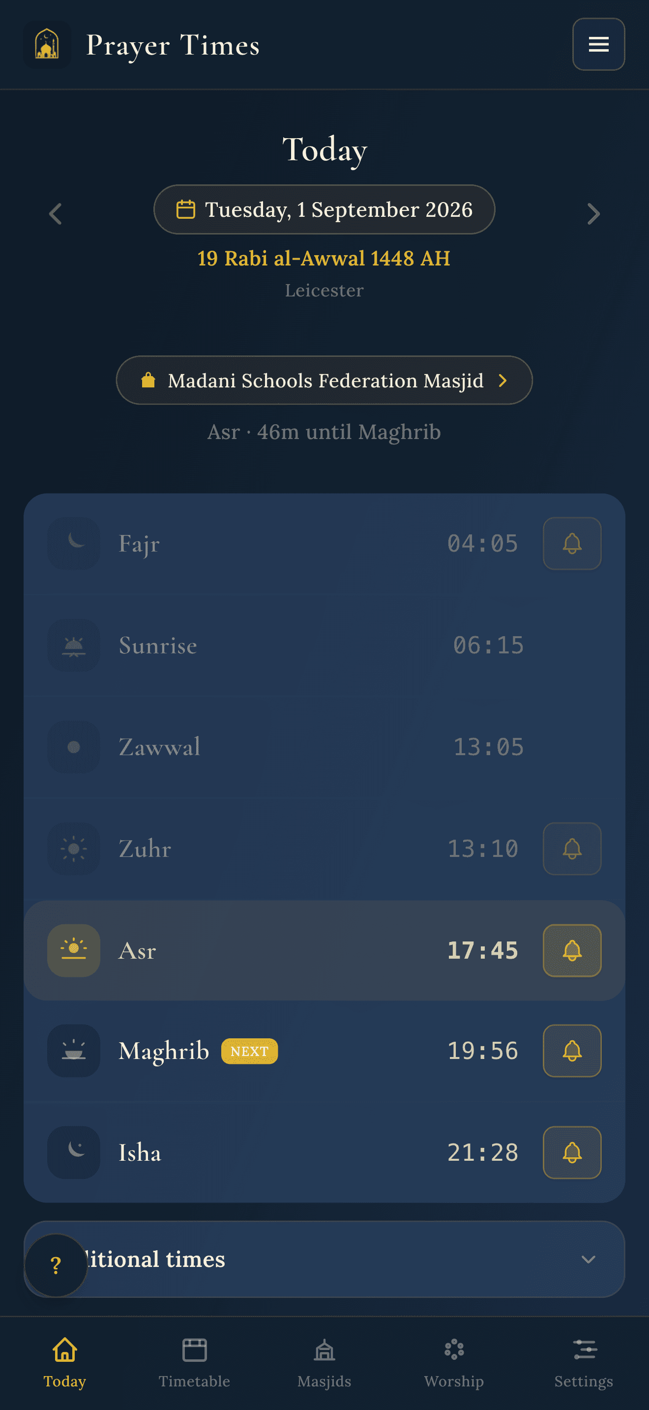Prayer Times app showing today's prayer times with Fajr, Sunrise, Zuhr, Asr, Maghrib and Isha