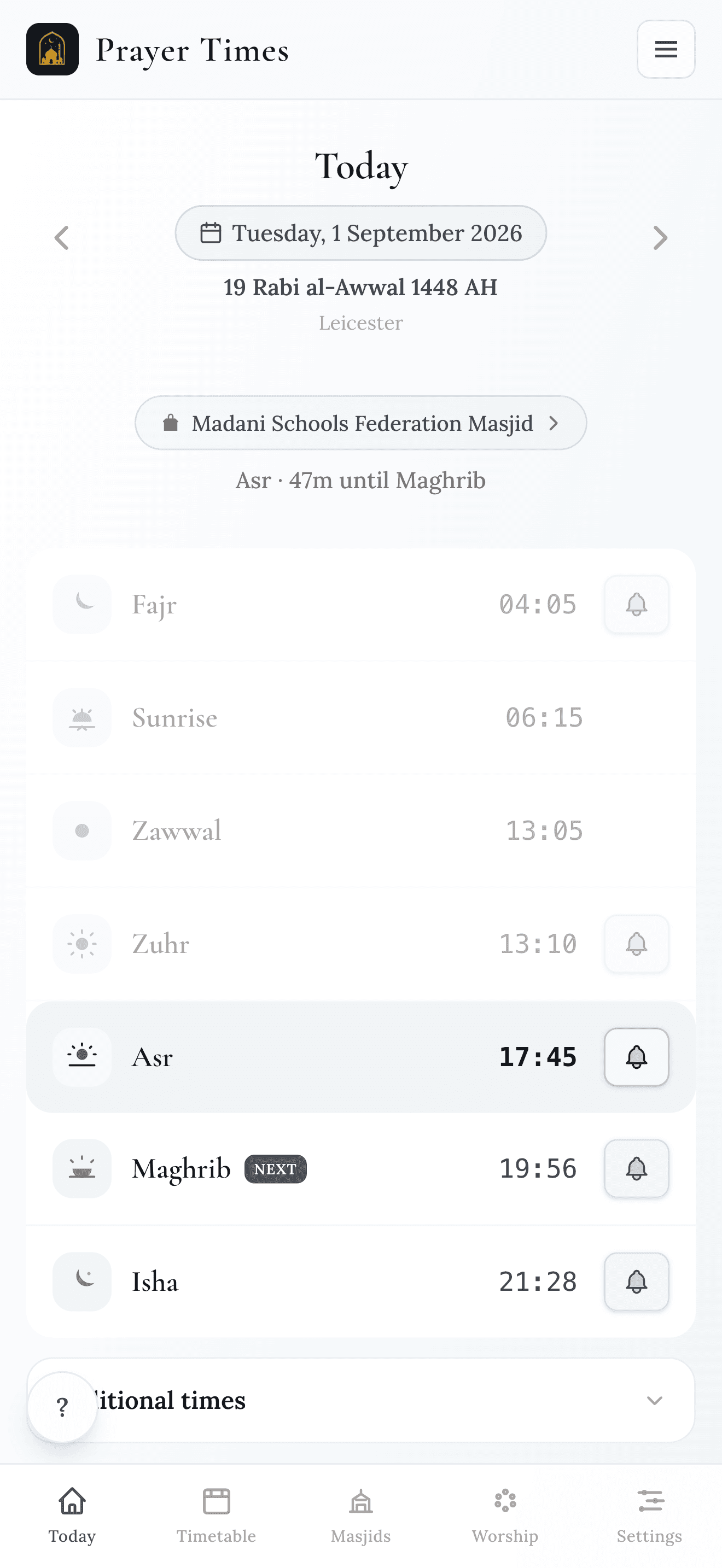Prayer Times app showing today's prayer times with Fajr, Sunrise, Zuhr, Asr, Maghrib and Isha