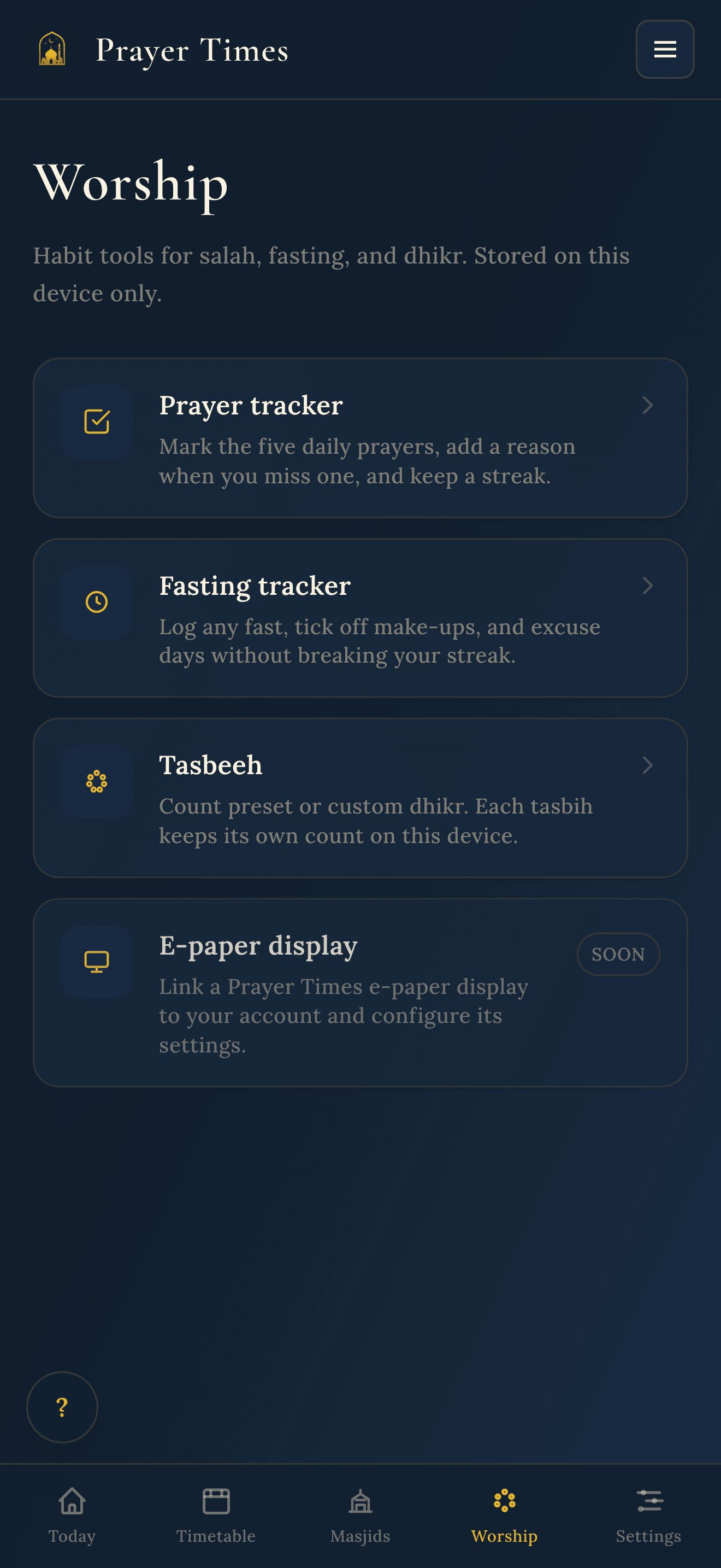 Prayer Times app Worship tab with a prayer tracker, fasting tracker, tasbeeh counter, and e-paper display setup