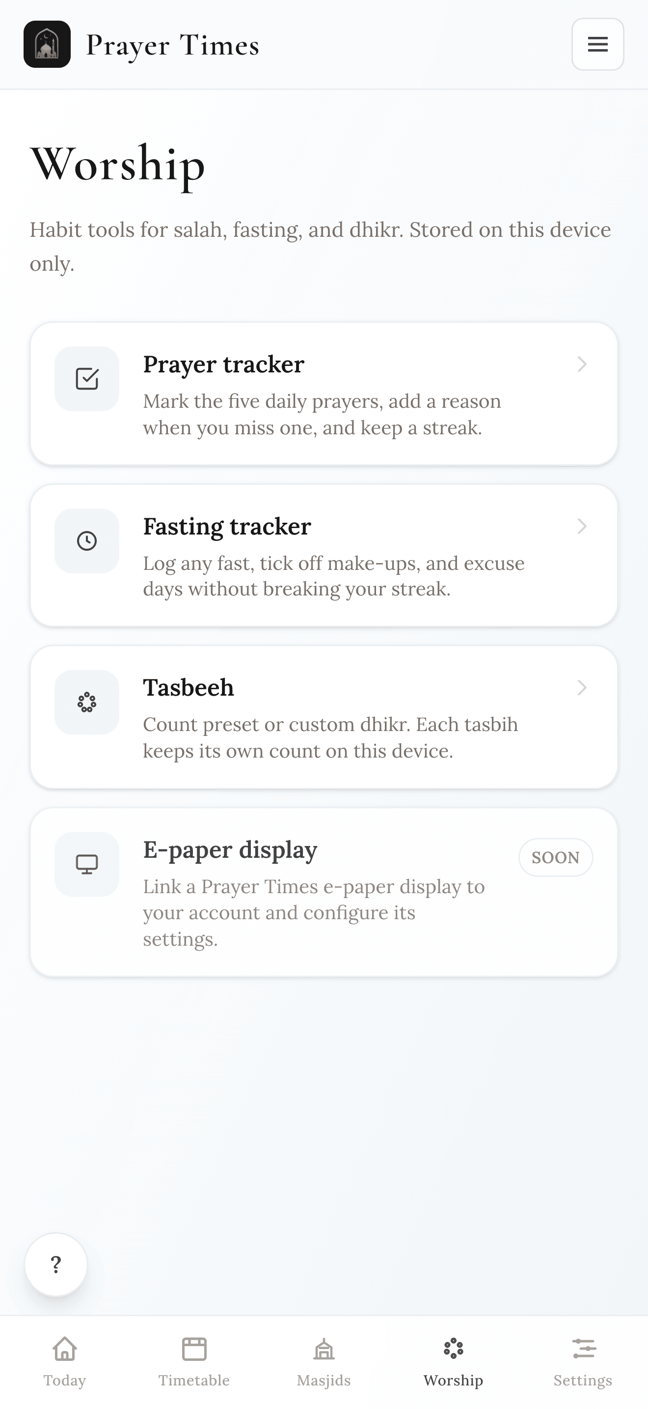 Prayer Times app Worship tab with a prayer tracker, fasting tracker, tasbeeh counter, and e-paper display setup